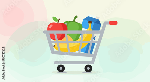 Colorful grocery shopping cart with fresh produce and products in bright playful lighting for e-commerce