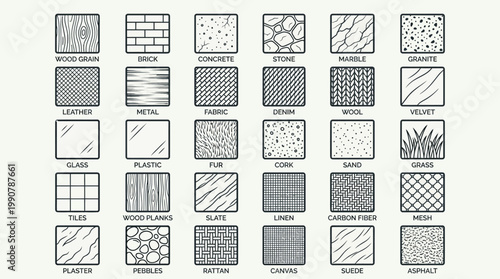 A collection of various texture patterns and designs are illustrated in a grid format on a flat vector icon.