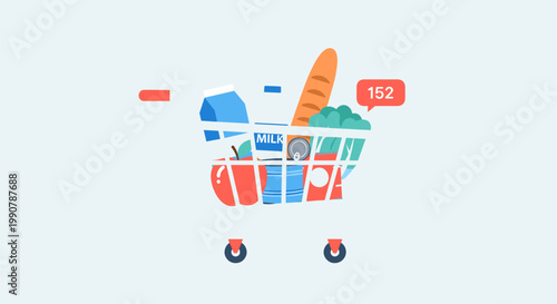 Shopping cart with various products in colorful flat design for e-commerce