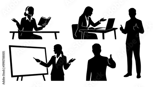Corporate Business Professionals Silhouette Set Featuring Office Workers Presenting, Using Laptops, and Customer Service Headset Communication
