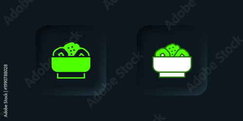 Green Chow mein on plate icon isolated on black background. Asian food. Black square button. Vector