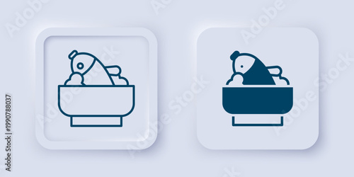 Filled and outline Rice with fish in a bowl icon isolated on grey background. Traditional Asian food. Square button. Vector