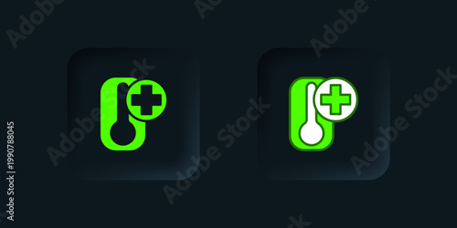 Green Meteorology thermometer measuring heat and cold icon isolated on black background. Thermometer equipment showing hot or cold weather. Black square button. Vector