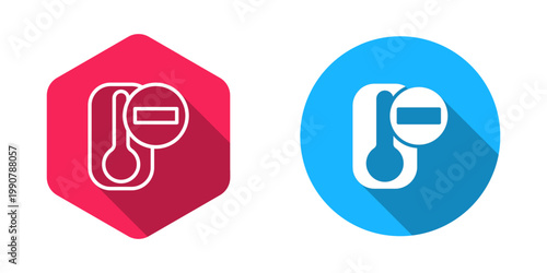 Filled and outline Meteorology thermometer measuring heat and cold icon isolated with long shadow background. Thermometer equipment showing hot or cold weather. Vector