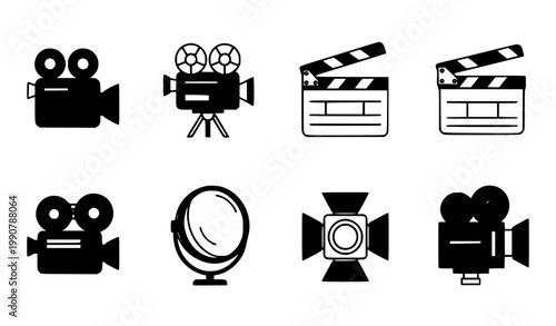 movie icons set Film production icons duotone camera projector clapper spotlight cinema vector set