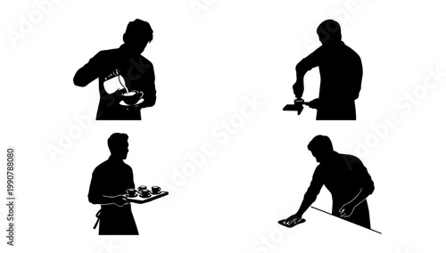 Restaurant Waiter and Bartender Silhouette Collection Depicting Staff Pouring Drinks, Carrying Food Tray, and Wiping Tables