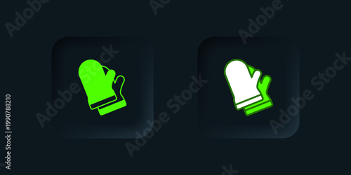 Green Protective gloves icon isolated on black background. Protective clothing and tool worker. Black square button. Vector