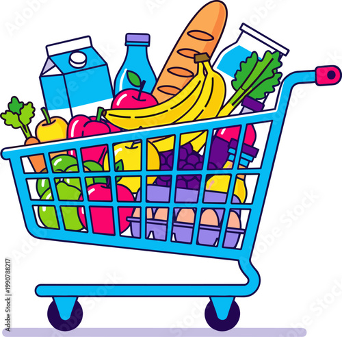 Colorful grocery cart full of fresh produce and dairy products in cartoon style for healthy shopping