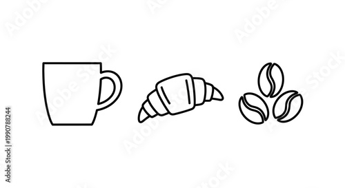 Simple line art illustration of coffee cup, croissant, and coffee beans.