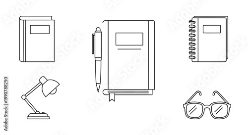 Study desk with books and glasses.