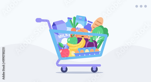 Colorful grocery shopping cart filled with fresh produce and products in bright cartoon style for e-commerce