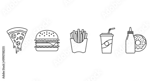 Line art illustration of various fast food items including pizza, burger, fries, soda, and condiments.