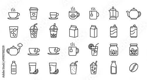 Collection of beverage icons including coffee, tea, juice, and soda for design