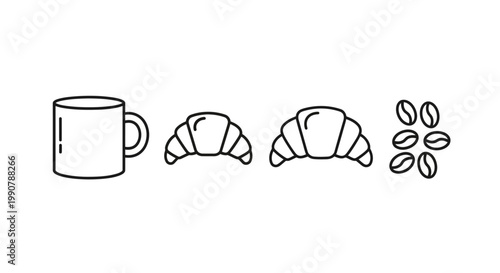 Coffee cup with croissants and beans.