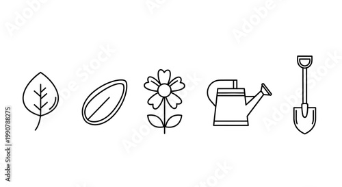 Gardening tools and plant icons.