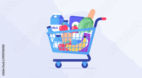 Shopping cart filled with colorful groceries in vibrant cartoon style for e commerce