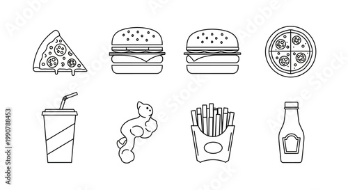 Fast Food Icons Line Drawings Collection.