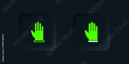 Green Rubber gloves icon isolated on black background. Latex hand protection sign. Housework cleaning equipment symbol. Black square button. Vector