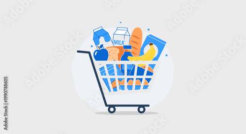 Shopping cart filled with colorful products in minimalist illustration for e-commerce