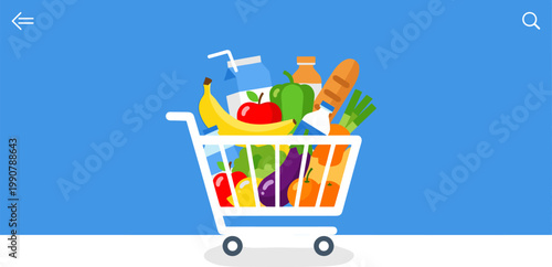 Colorful grocery shopping cart with fresh produce and products in minimalist illustration for e-commerce