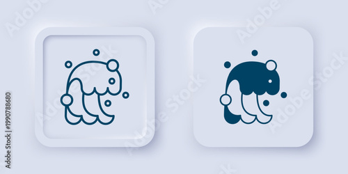 Filled and outline Tsunami icon isolated on grey background. Flood disaster. Stormy weather by seaside, ocean or sea wave or tsunami. Square button. Vector