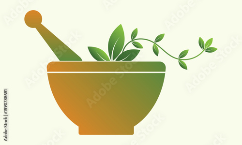 Natural Medicine Logo Icon Vector Illustration with Mortar and Pestle Green Leaves
