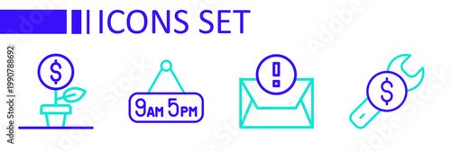 Set line Repair price, Envelope, From 9 to 5 job and Dollar plant icon. Vector
