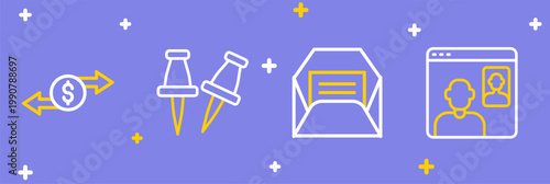Set line Video chat conference, Envelope, Push pin and Money exchange icon. Vector