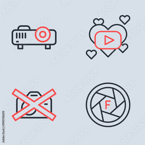 Set line Romantic movie, Prohibition no video recording, Camera shutter and Movie, film, media projector icon. Vector