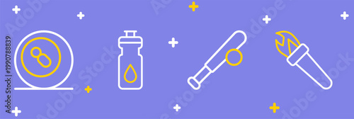 Set line Torch flame, Baseball bat with ball, Fitness shaker and Billiard pool snooker icon. Vector