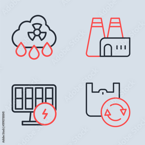 Set line Factory production, Solar energy panel, Shopping bag with recycle and Acid rain radioactive cloud icon. Vector