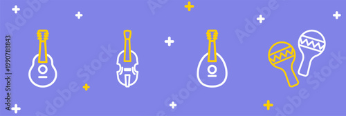 Set line Maracas, Mandolin, Violin and Guitar icon. Vector