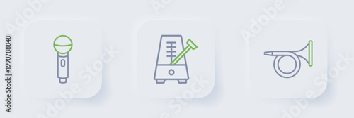 Set line Trumpet, Metronome with pendulum and Microphone icon. Vector