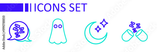 Set line Sleeping pill, Moon and stars, Ghost and Sleepy icon. Vector