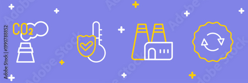 Set line Recycle symbol, Factory production, Thermometer and CO2 emissions in cloud icon. Vector