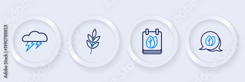 Set line Leaf, Calendar with autumn leaves, and Cloud and lightning icon. Vector