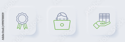 Set line Book donation, Student working laptop and Online education with diploma icon. Vector