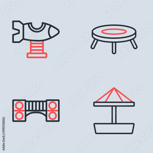 Set line Jumping trampoline, Playground kids bridge, Sandbox with sand and Swing plane icon. Vector