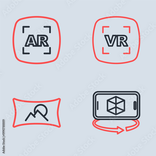 Set line Virtual reality, Wide angle picture, 3d modeling and Augmented AR icon. Vector