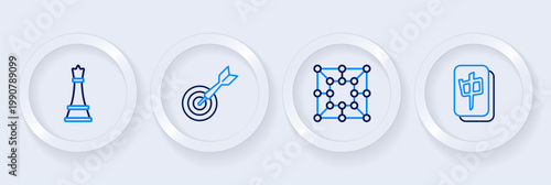 Set line Mahjong pieces, Board game, Classic dart board and arrow and Chess icon. Vector