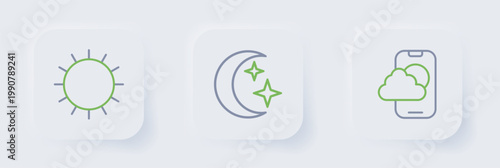 Set line Weather forecast app, Moon and stars and Sun icon. Vector