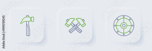 Set line Round shield, Crossed hammer and Hammer icon. Vector