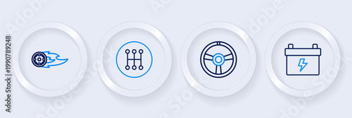 Set line Car battery, Racing steering wheel, Gear shifter and Wheel fire flame icon. Vector