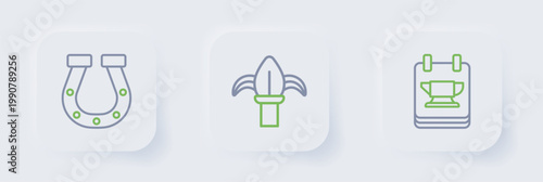 Set line Blacksmith anvil tool, Classic iron fence and Horseshoe icon. Vector