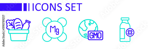 Set line Lactose intolerance, GMO, Magnesium and Shopping bag and food icon. Vector