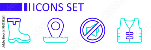 Set line Fishing jacket, Speaker mute, Location fishing and boots icon. Vector