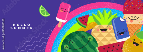 Hello summer with funny fruits and ice cream cones summer time party invitation decor supplies favors backdrop elements icon decorations