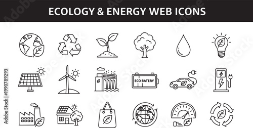 Ecology and Energy Web Icons Set. Sustainable Technology Line Art Collection.