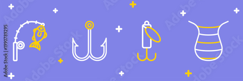Set line Fishing net, lure, and rod and fish icon. Vector