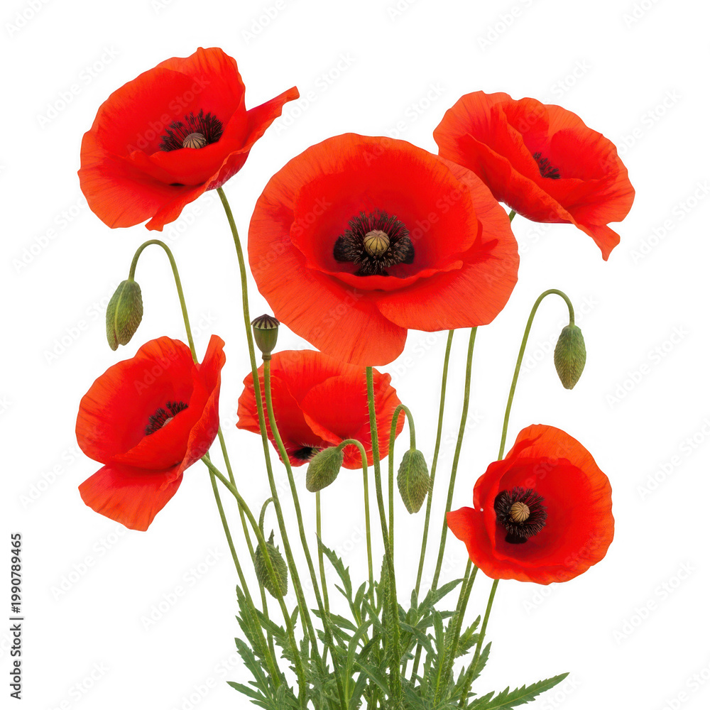Fototapeta premium Cluster of vibrant red poppies in full bloom against a plain background isolated on transparent background